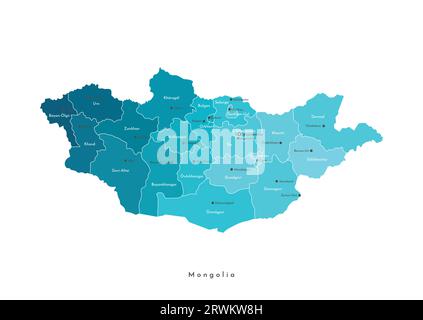 Vector moderne isolierte Illustration. Vereinfachte geographische Karte der Mongolei. Namen mongolischer Städte und Provinzen (Aimags). Blaue Verlaufsfarben Stock Vektor