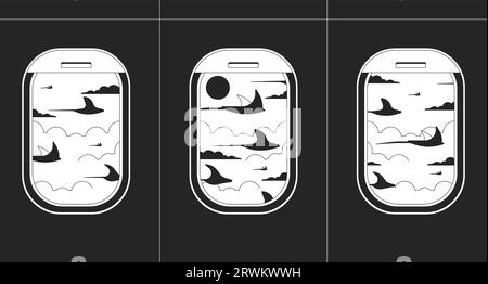 Rochen Fische fliegen in Flugzeugfenstern schwarz-weiße Lofitapete Stock Vektor