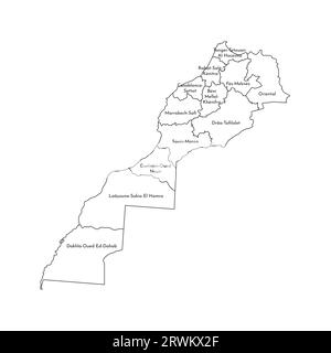 Vektor-isolierte Illustration einer vereinfachten Verwaltungskarte Marokkos (einschließlich des umstrittenen Gebiets der Westsahara). Rahmen und Namen des Re Stock Vektor