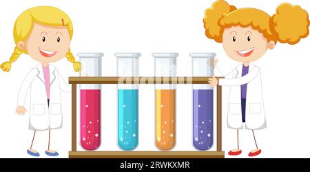 Vektorkarikatur-Illustration zweier Wissenschaftlerinnen, die Kittel tragen und Experimente mit Reagenzgläsern durchführen Stock Vektor