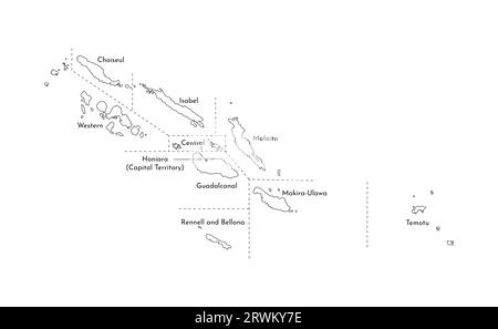 Vektorisolierte Darstellung einer vereinfachten Verwaltungskarte der Salomonen. Grenzen und Namen der Provinzen (Regionen). Silhouetten mit schwarzen Linien Stock Vektor