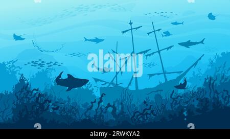 Meereshaie, versunkene Schiffe und Fischschwärme Silhouetten in Unterwasserwelt, Vektorhintergrund. Unterwasserkorallenriff oder Ozeanlandschaft mit versunkenem Boot, Stachelrochen und Haien in tiefblauem Wasser Stock Vektor