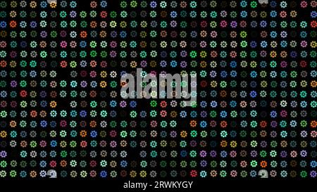 Farbiges blinkendes Drehrad auf schwarzem bg. Abstrakter festlicher Hintergrund für Werbung, Glückwünsche, Text. Farbenfrohe, kreative, flache, dynamische Formen Stockfoto