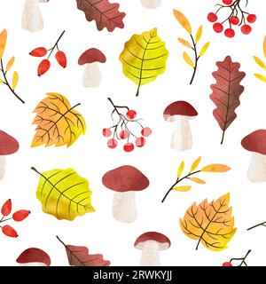 Nahtloses Muster im Herbst mit Wasserfarbenblättern, Beeren und Pilzen. Hintergrund des Herbstvektors Stock Vektor