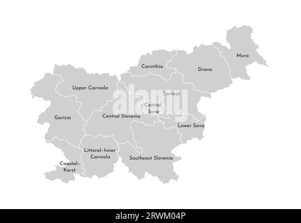 Vektorisolierte Darstellung der vereinfachten Verwaltungskarte Sloweniens. Grenzen und Namen der Provinzen (Regionen). Graue Silhouetten. Weiße Omelettes Stock Vektor