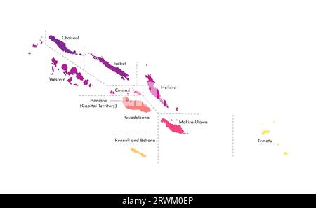 Vektorisolierte Darstellung einer vereinfachten Verwaltungskarte der Salomonen. Grenzen und Namen der Provinzen (Regionen). Mehrfarbige Silhouette Stock Vektor