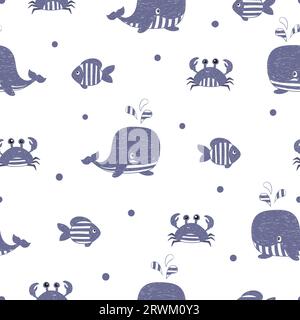 Nahtloses Meeresmuster mit handgezeichneten Walen, Krabben und Fischen. Sea Life Vektor-Illustration Stock Vektor