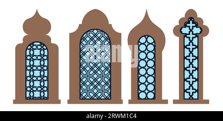 Sammlung arabischer orientalischer Fenster, Bögen und Türen. Lasergeschnittener Grill. Modernes Design in schwarzen Fo-Rahmen, Moschee-Kuppel und Laternen im islamischen ramadan Stock Vektor