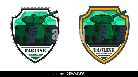 Emblem des Offiziers der Panzertruppen. Kampfpanzer mit grüner Färbung und langem Lauf vor dem Hintergrund eines schildförmigen Chevrons. Zeichentrickvektor Stock Vektor