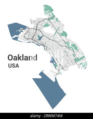 Oakland Karte, amerikanische Stadt. Stadtplan mit Flüssen und Straßen, Parks und Eisenbahnen. Vektorillustration. Stock Vektor