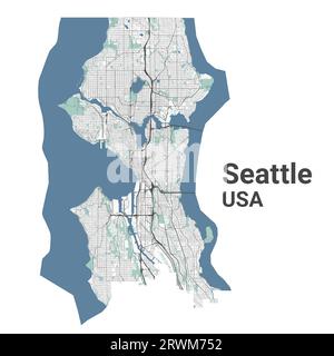 Seattle Karte, amerikanische Stadt. Stadtplan mit Flüssen und Straßen, Parks und Eisenbahnen. Vektorillustration. Stock Vektor