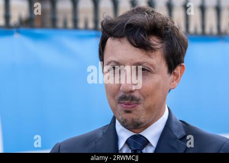 Marseille, Frankreich. September 2023. Pablo Longoria, Präsident des Fußballclubs Olympique de Marseille (OM) bei der Eröffnungszeremonie des Stadtstadions in Marseille. Nach einem Treffen mit Vertretern von Unterstützerverbänden am Montag, den 18. September 2023, haben der Vorsitzende der OM, Pablo Longoria, und seine Mitarbeiter beschlossen, ihre Aufgaben in Olympique de Marseille vorübergehend zu beenden. (Foto: Laurent Coust/SOPA Images/SIPA USA) Credit: SIPA USA/Alamy Live News Stockfoto