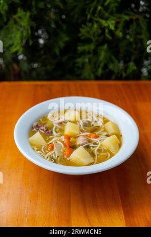 Eine weiße Schüssel dampfender heißer Suppe mit langen Nudelnudeln, bereit zum Genießen Stockfoto