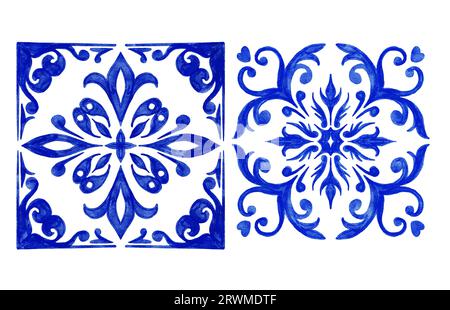 Handgezeichnete Aquarellzeichnung mit blauen weißen azulejo portugiesischen Keramikfliesen. Ethnische portugal geomentrische Indigo wiederholte Wandbodendekoration. Arabischer ornamentaler Hintergrund Stockfoto