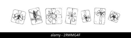 Set mit Geschenkschachteln für frohe Weihnachten und ein glückliches neues Jahr. Geburtstag, Hochzeit, Jahrestag, besondere Anlässe Präsenzdekoration. Vektorillustration in sket Stock Vektor