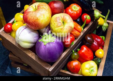 Verschiedene Obst- und Gemüsesorten in Holzkisten mit Blick von oben. Reife Äpfel, Tomaten, Paprika, verschiedene Auberginen. Frisches Obst und Gemüse aus eigener Herstellung Stockfoto