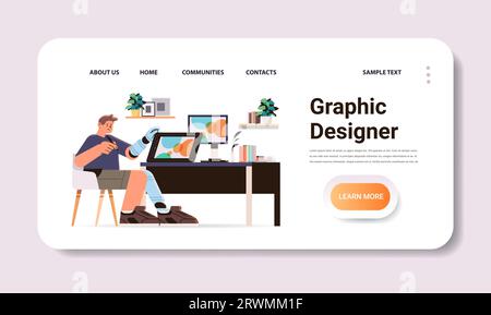 Behinderter-Mann-Grafikdesigner mit ersetztem Roboterbein und -Arm-Mann, der an einem Notebook arbeitet, Konzept für Menschen mit Behinderungen Stock Vektor