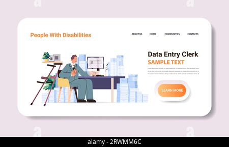 Behinderter-Mann-Dateneingabekaufmann, der mit der Datenbank am Computer arbeitet, das Konzept der Menschen mit Behinderungen Stock Vektor