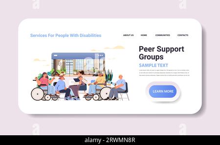 Gruppe behinderter Männer und Frauen, die während der Sitzung Peer Support Groups People with Disability Concept horizontal diskutieren Stock Vektor