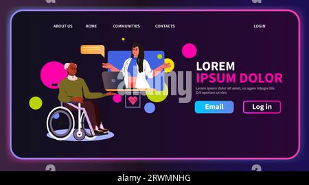 Behinderter Seniormann, der im Rollstuhl sitzt und mit dem Arzt während der Online-medizinischen Beratung spricht Menschen mit Behinderungen Rehabilitation Stock Vektor