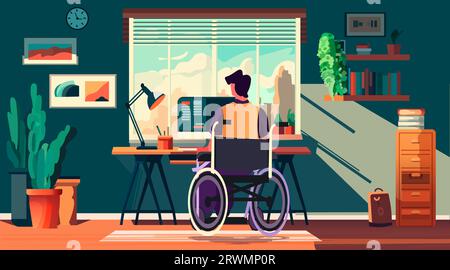 Behinderter Mann im Rollstuhl mit Laptop Menschen mit Behinderung Rehabilitationskonzept Wohnzimmer horizontal Stock Vektor