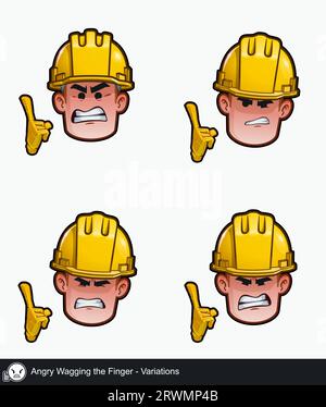 Icon-Set eines Bauarbeiters Gesicht mit wütenden Wackeln der Finger emotionalen Ausdruck Variationen. Alle Elemente auf gut beschriebenen Ebenen und Stock Vektor