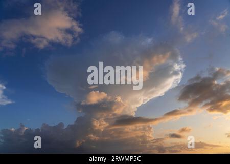 Gewitterwolken am Himmel bei Sonnenuntergang Textur Hintergrund überlagert. Dramatisches Cumulonimbus-Bild. Hochauflösende Fotografie, perfekt für den Austausch des Himmels Stockfoto
