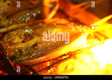 Traditionelles indonesisches gegrilltes Fischgericht, mariniert in einer Mischung aus Gewürzen und Kräutern, dann über einem großen Feuer gegrillt. Das Ergebnis ist ein würziger und saftiger F Stockfoto