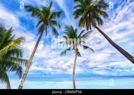 Blick auf Kokospalmen, die sich im Hintergrund mit schimmernden Wolken und türkisfarbenem Wasser auf Mindoro Island, Philippinen, bewegen. Stockfoto