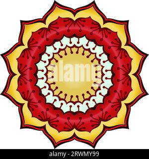 Runde Mandala Lotusblume leuchtend rot und goldfarben, isoliertes Designelement zum Drucken auf T-Shirt, Textil, Tattoo oder anderen Dekorationen, Vektor Stock Vektor