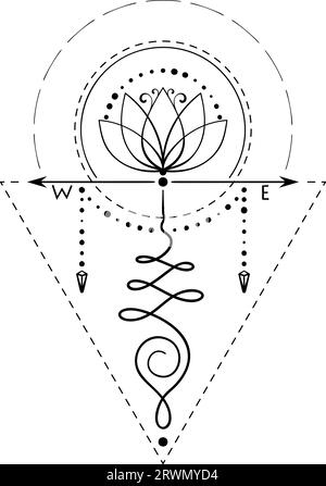 Lotus-Tätowierung mit Kompasspfeilen von Hand gezeichnetes isoliertes Vektorornament, unalome heilige Geometrie-Symbol für Weisheit und Erleuchtung Stock Vektor