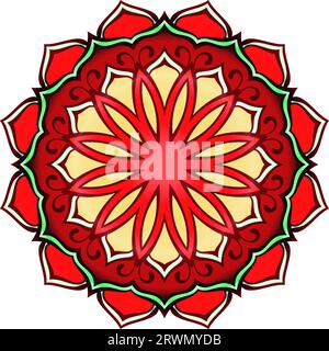 Runde Mandala Lotusblume leuchtend rot und goldfarben, isoliertes Designelement zum Drucken auf T-Shirt, Textil, Tattoo oder anderen Dekorationen, Vektor Stock Vektor
