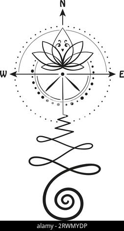 Lotus-Tätowierung mit Kompasspfeilen von Hand gezeichnetes isoliertes Vektorornament, unalome heilige Geometrie-Symbol für Weisheit, Liebe und Erleuchtung Stock Vektor