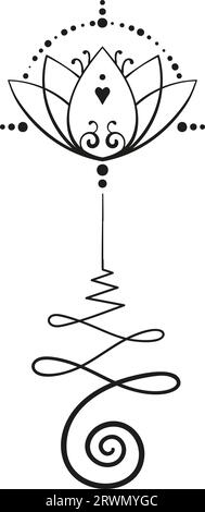 Lotus-Tätowierung von Hand gezeichnetes isoliertes Vektorornament, unalome heilige Geometrie Symbol der Weisheit und Erleuchtung Stock Vektor