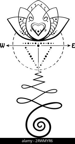 Lotus-Tätowierung mit Kompasspfeilen von Hand gezeichnetes isoliertes Vektorornament, unalome heilige Geometrie-Symbol für Weisheit, Liebe und Erleuchtung Stock Vektor