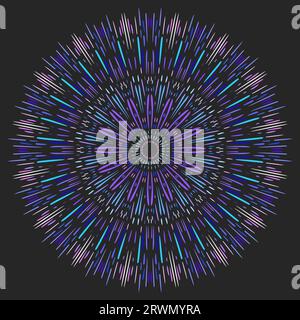 Rundes Mandala aus Linien unterschiedlicher Farbe, Größe und Form, die von der Mitte abweichen. Vektorillustration auf dunklem Hintergrund Stock Vektor