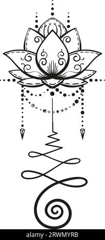 Lotus-Tätowierung von Hand gezeichnetes isoliertes Vektorornament, Unamole heilige Geometrie Symbol der Weisheit und Erleuchtung Stock Vektor