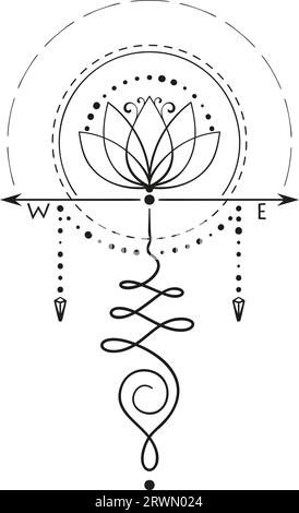 Lotus-Tätowierung mit Kompasspfeilen von Hand gezeichnetes isoliertes Vektorornament, unalome heilige Geometrie-Symbol für Weisheit und Erleuchtung Stock Vektor