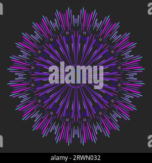 Rundes Mandala aus Linien unterschiedlicher Farbe, Größe und Form, die von der Mitte abweichen. Vektorillustration auf dunklem Hintergrund Stock Vektor