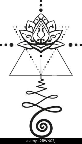 Lotus-Tattoo Unalome heilige Geometrie Symbol der Weisheit und Erleuchtung, Hand gezeichnete isolierte Vektorverzierung Stock Vektor
