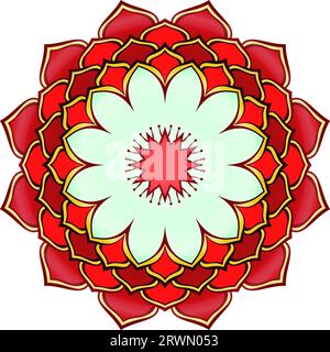 Runde Mandala Lotusblume leuchtend rot und goldfarben, isoliertes Designelement zum Drucken auf T-Shirt, Textil, Tattoo oder anderen Dekorationen, Vektor Stock Vektor
