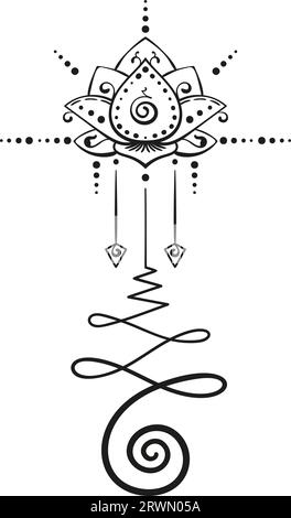 Lotus-Tätowierung von Hand gezeichnetes isoliertes Vektorornament, unalome heilige Geometrie Symbol der Weisheit und Erleuchtung Stock Vektor