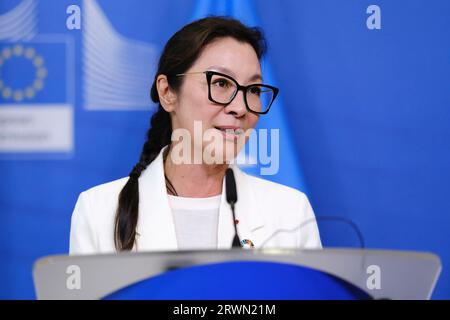 Brüssel, Belgien. September 2023. UDP-Botschafter Michelle Yeoh während einer Pressekonferenz zur Straßenverkehrssicherheit am 20. September 2023 in Brüssel, Belgien, im EU-Hauptsitz Credit: ALEXANDROS MICHAILIDIS/Alamy Live News Stockfoto