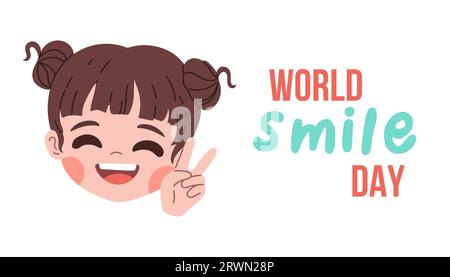 Weltlächeltag. Bild mit lächelndem Mädchen. Vorlage für Banner, Postkarte, Karte, Einladung. Vektorillustration. Stock Vektor