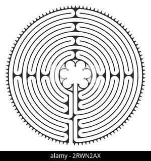 Labyrinth Kathedrale von Chartres Illustration Vektor - Symbolismus Meditationsgeschichte - Blumenmotiv - Heilige Geometrie Schwarz-weiß-Farben Stock Vektor