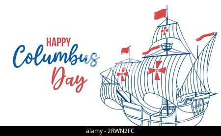 Columbus-Tag. Karawane Santa Maria. Text „Happy Columbus Day“. Vektorillustration auf weißem Hintergrund. Stock Vektor