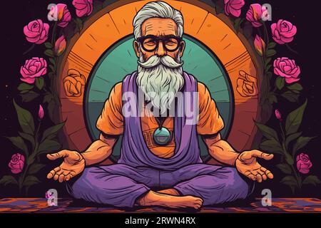 OD grauhaariger Mann, der in einer Lotusstellung sitzt und meditiert, umgeben von Blumen. Eleganter, leitender Yogalehrer in seinen 60ern, der eine Meditation demonstriert Stock Vektor