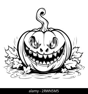 Böse Kürbis-Strichgrafik zum Ausmalen von Buchseiten. Schwarz-weiß für den Druck. Vektor Stock Vektor