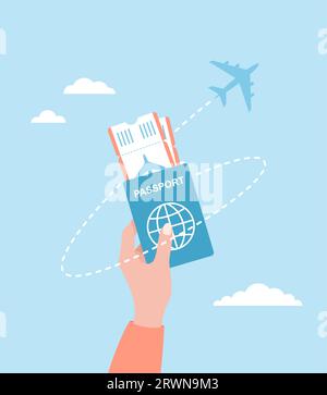 Eine Hand mit einem Reisepass und Flugtickets und einem Flugzeug, das auf einem blauen, bewölkten Hintergrund herumfliegt. Flache Vektorillustration Stock Vektor