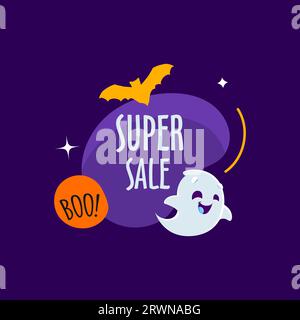 Halloween-Urlaub Kawaii Geisterfigur und Fledermaus auf Amöbenblob. Vector Super-Sale-Banner mit saisonalem Rabattangebot. Sparen Sie viel bei unheimlichen Köstlichkeiten. Lassen Sie es sich nicht entgehen, kaufen Sie jetzt ein und genießen Sie eine aufregende Zeit Stock Vektor